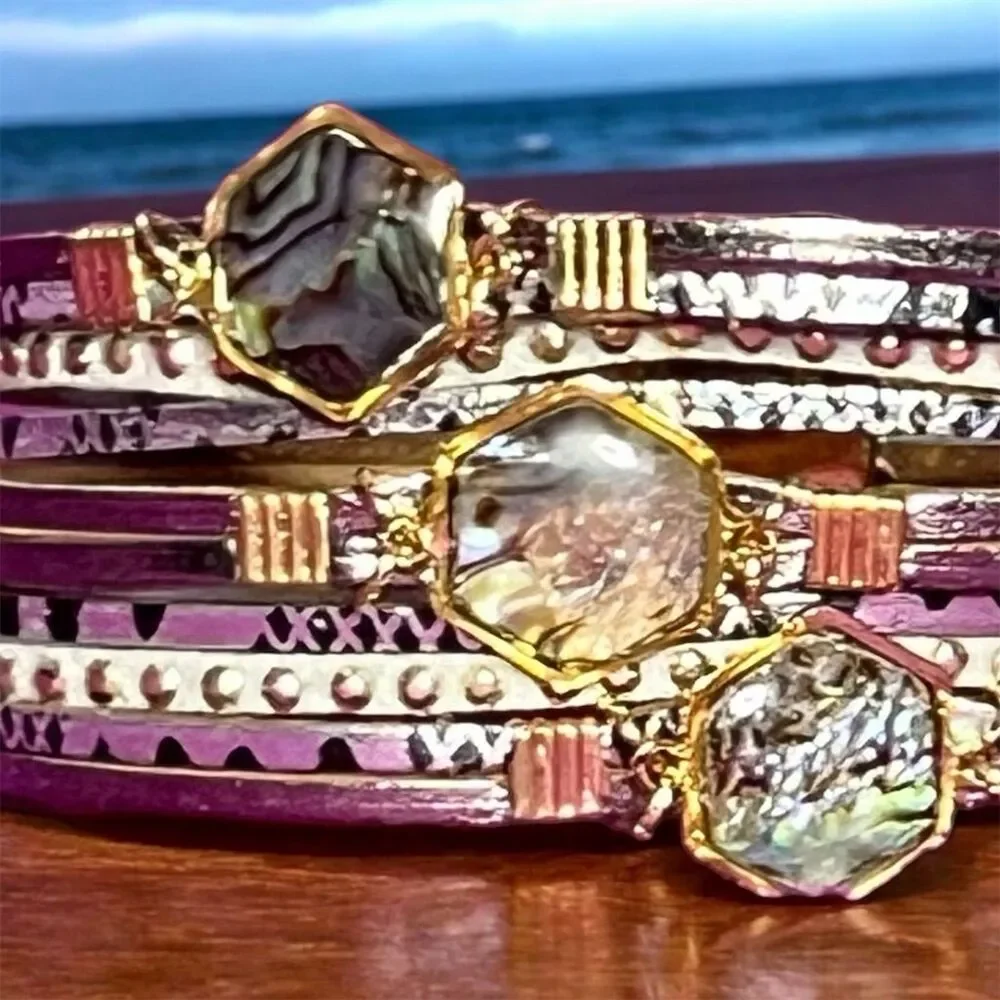 Boho Multi-Layer Leather Bracelet with Natural Stones & Gold Accents - Picture 4 of 13